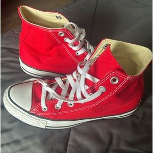 Selling converse sneakers, never worn. Red, high top, 7.5 the size.